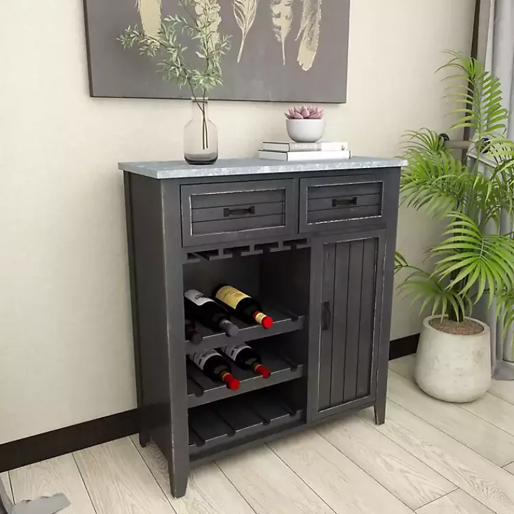 Cabinets & Sideboards-Kirklands Home Rustic Galvanized Top Wine Cabinet Black