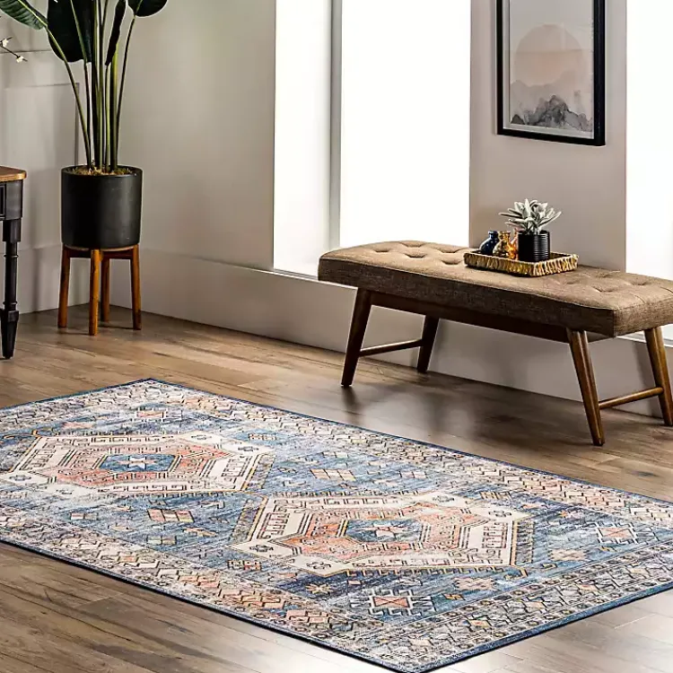 Area Rugs-Kirklands Home Blue Tribal Motif Washable Area Rug, 5x8