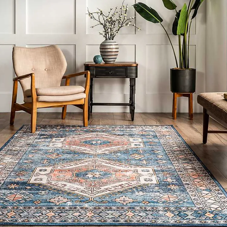 Area Rugs-Kirklands Home Blue Tribal Motif Washable Area Rug, 5x8