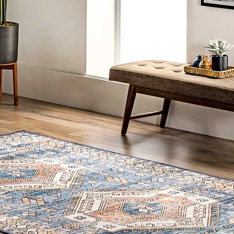 Area Rugs-Kirklands Home Blue Tribal Motif Washable Area Rug, 5x8