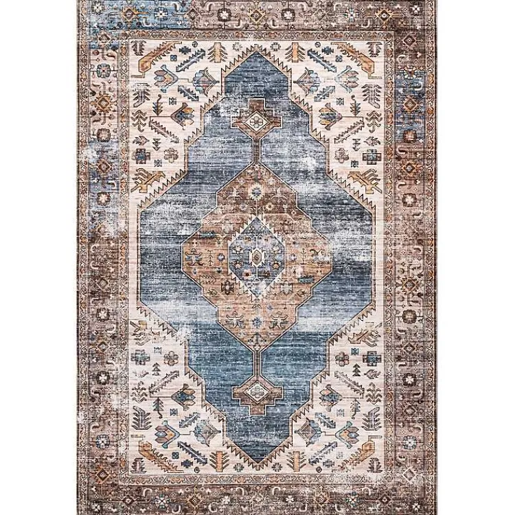 Area Rugs-Kirklands Home Blue Distressed Medallion Washable Area Rug, 5x8