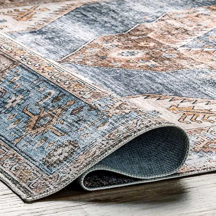 Area Rugs-Kirklands Home Blue Distressed Medallion Washable Area Rug, 5x8