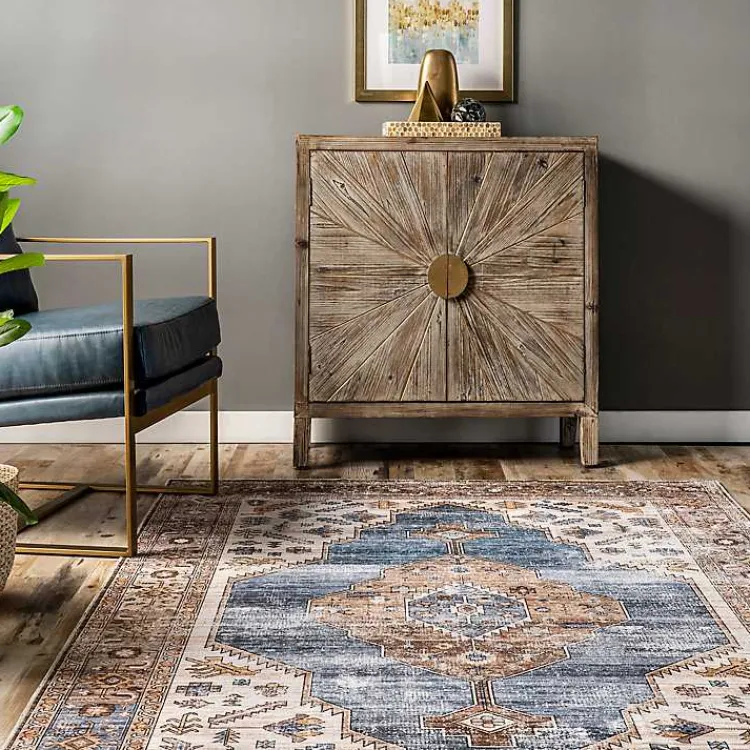 Area Rugs-Kirklands Home Blue Distressed Medallion Washable Area Rug, 5x8