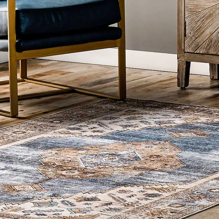 Area Rugs-Kirklands Home Blue Distressed Medallion Washable Area Rug, 5x8