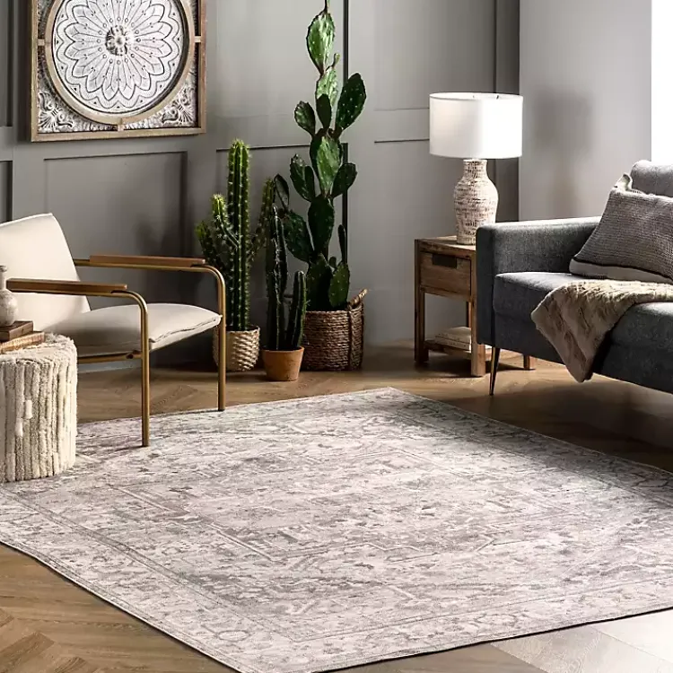 Area Rugs-Kirklands Home Flo Vintage Medallion Washable Area Rug, 5x8 Gray