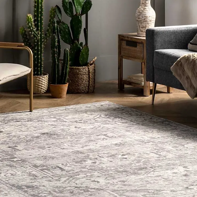 Area Rugs-Kirklands Home Flo Vintage Medallion Washable Area Rug, 5x8 Gray