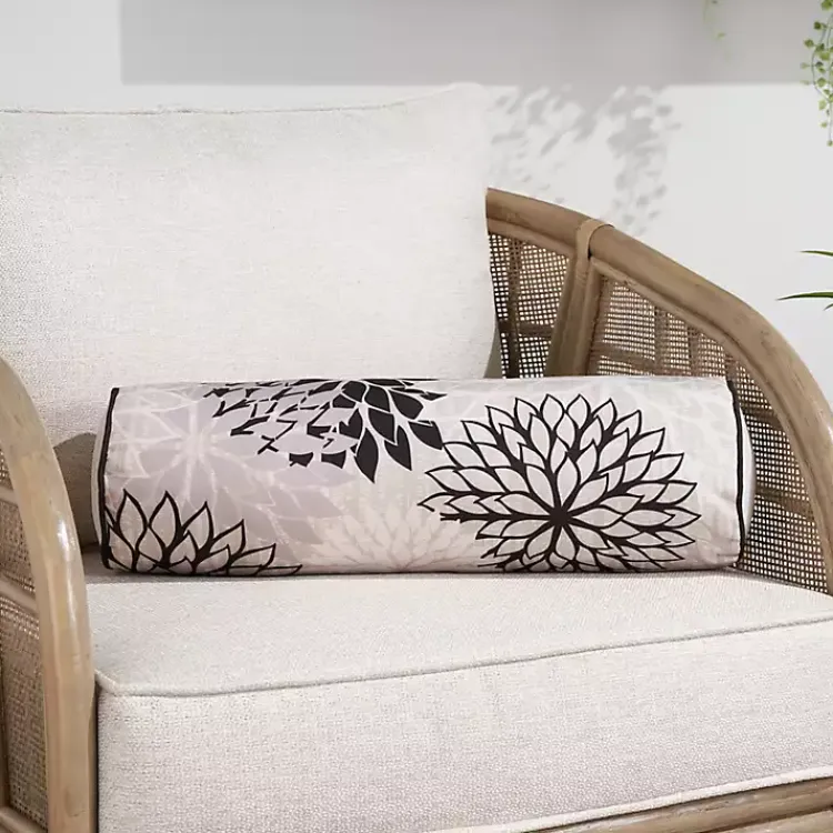 Outdoor Cushions & Pillows-Kirklands Home and Beige Floral Outdoor Bolster Pillow Black