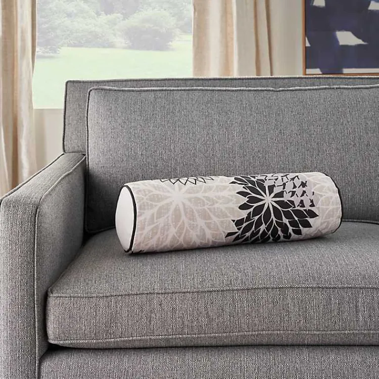 Outdoor Cushions & Pillows-Kirklands Home and Beige Floral Outdoor Bolster Pillow Black