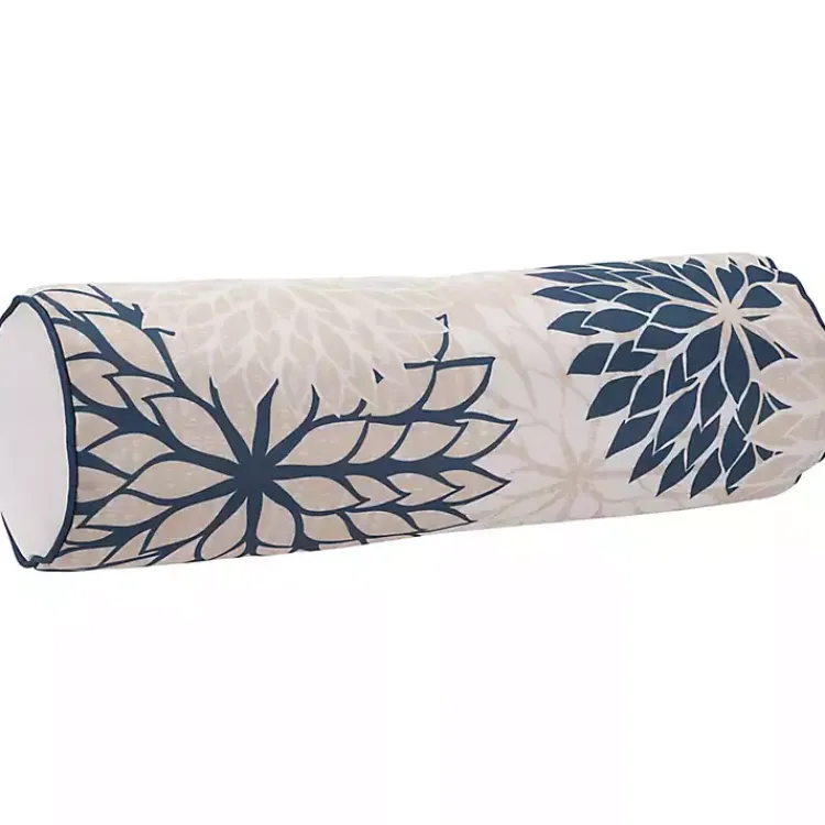 Outdoor Cushions & Pillows-Kirklands Home Navy and Beige Floral Outdoor Bolster Pillow Blue