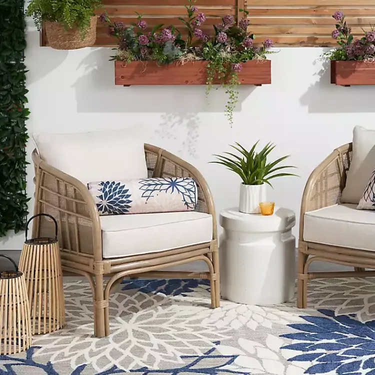 Outdoor Cushions & Pillows-Kirklands Home Navy and Beige Floral Outdoor Bolster Pillow Blue