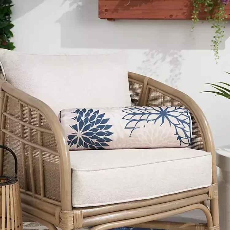 Outdoor Cushions & Pillows-Kirklands Home Navy and Beige Floral Outdoor Bolster Pillow Blue
