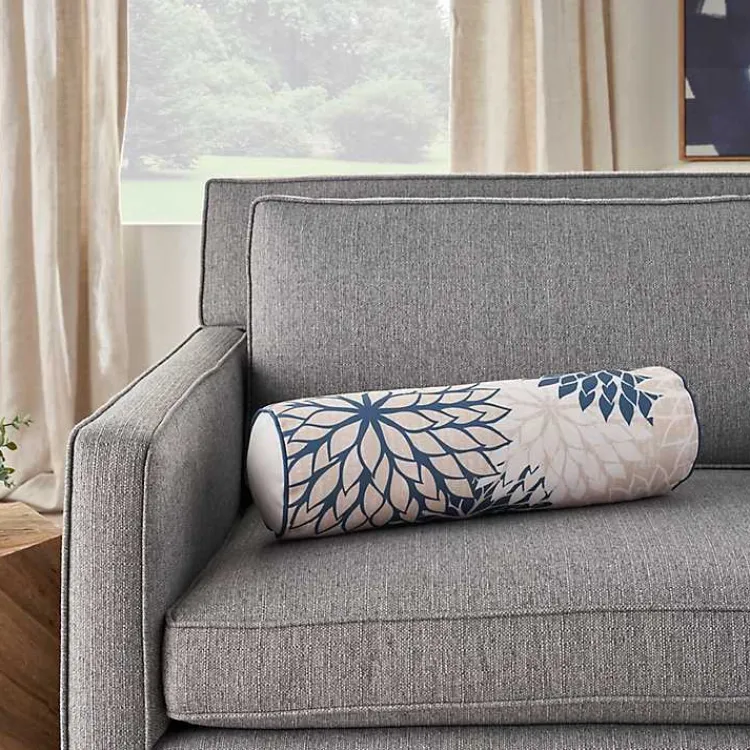 Outdoor Cushions & Pillows-Kirklands Home Navy and Beige Floral Outdoor Bolster Pillow Blue
