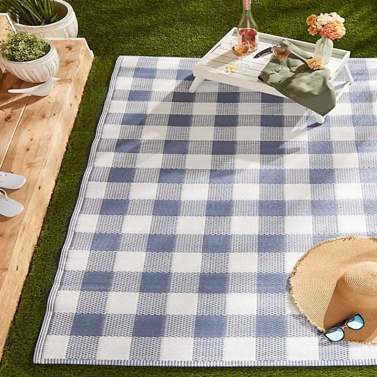 Outdoor Rugs-Kirklands Home Blue & White Buffalo Check Outdoor Area Rug, 4x6