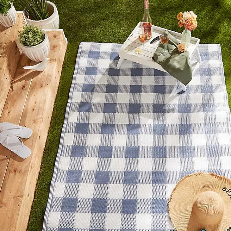 Outdoor Rugs-Kirklands Home Blue & White Buffalo Check Outdoor Area Rug, 4x6