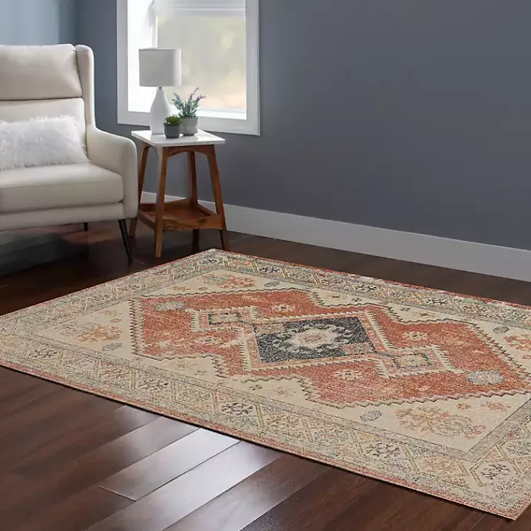 Area Rugs-Kirklands Home Ivory and Rust Traditional Motif Area Rug, 5x7