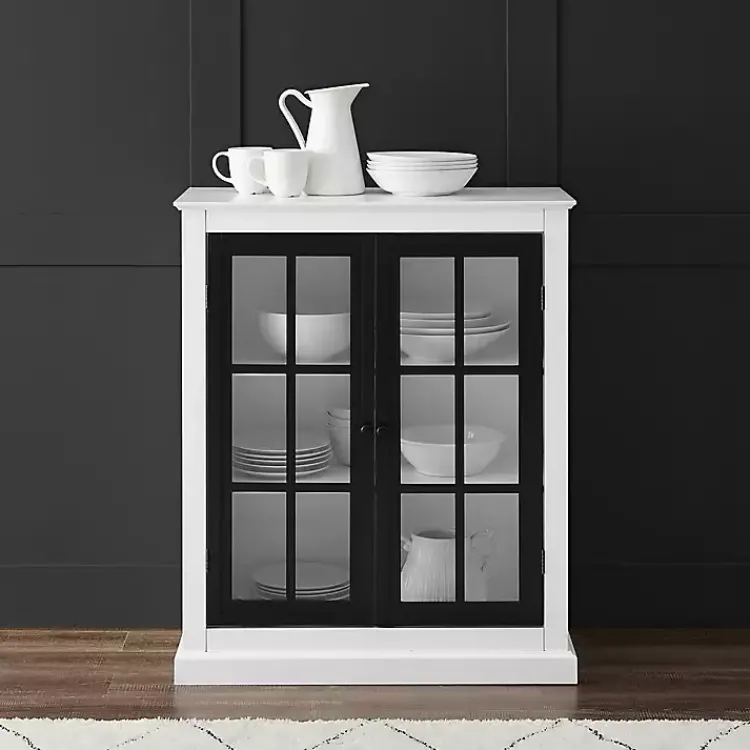 Cabinets & Sideboards-Kirklands Home White and Black Windowpane Doors Cabinet