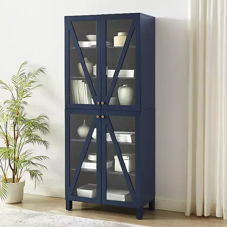 Cabinets & Sideboards-Kirklands Home Tall Navy Triangle 4-Door Wood Cabinet Blue
