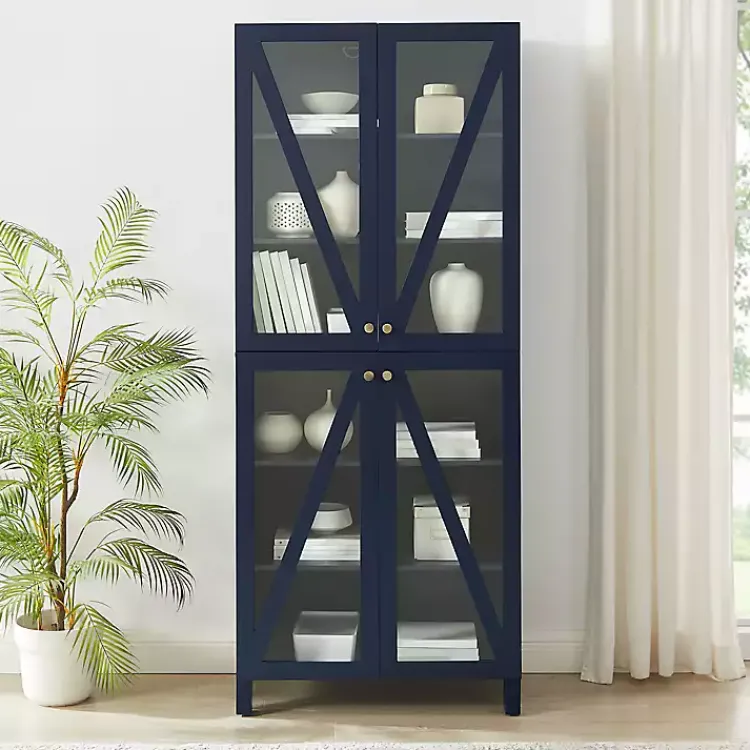 Cabinets & Sideboards-Kirklands Home Tall Navy Triangle 4-Door Wood Cabinet Blue