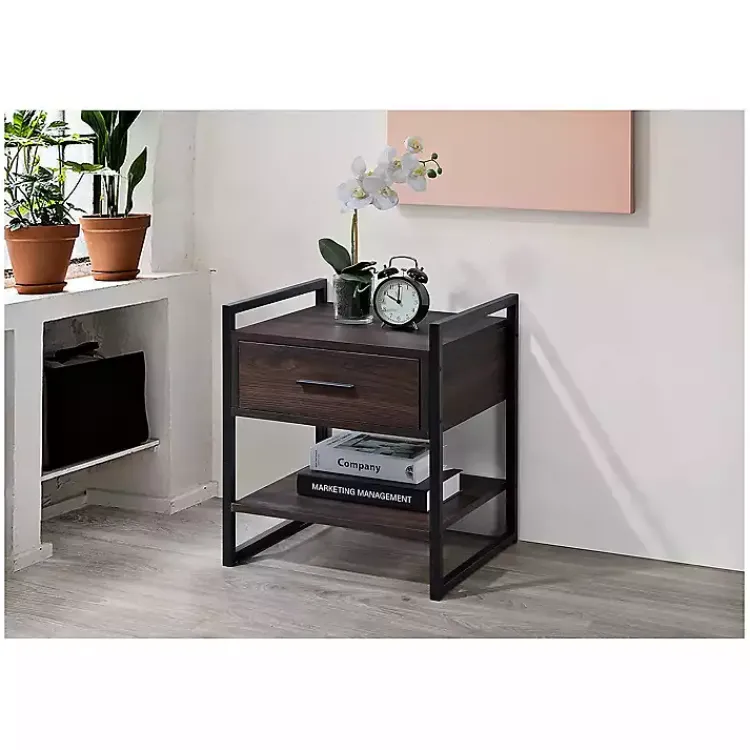 Nightstands-Kirklands Home Wood & Black Metal Frame Nightstand Brown