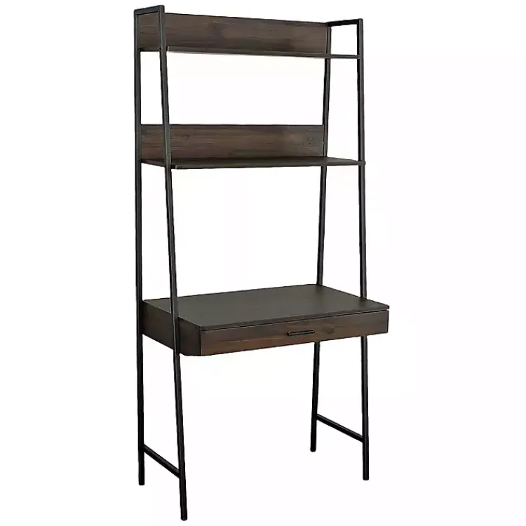 Office Furniture-Kirklands Home Wood & Black Metal 2-Shelf Desk Brown