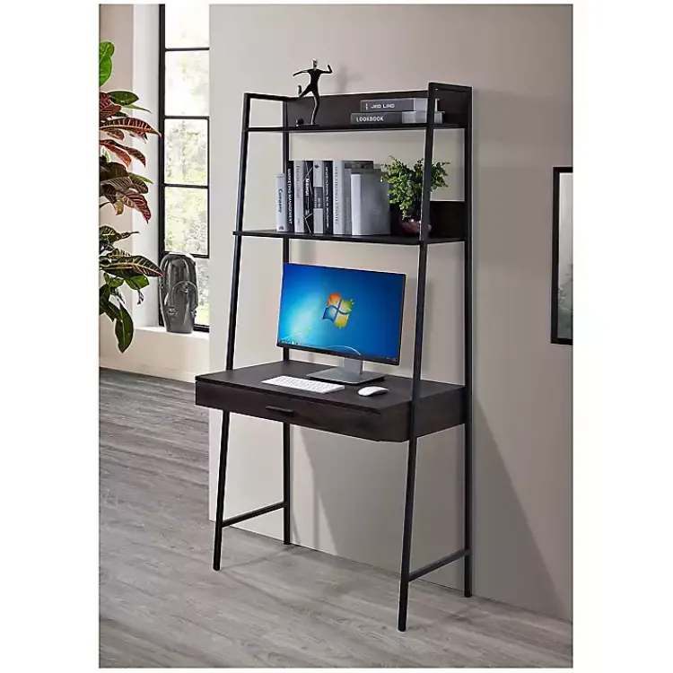 Office Furniture-Kirklands Home Wood & Black Metal 2-Shelf Desk Brown