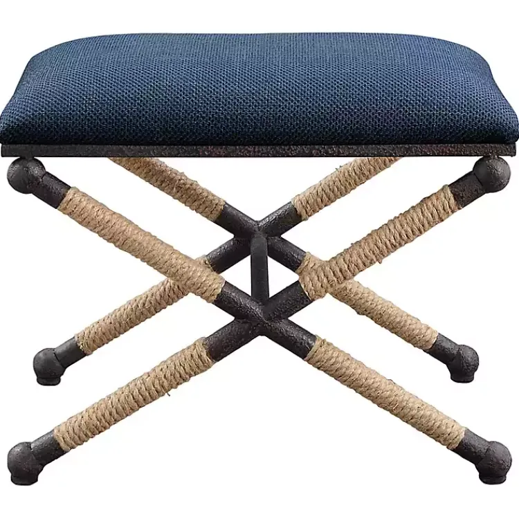 Benches & Ottomans-Kirklands Home Navy Seat and Black Metal Ottoman Blue