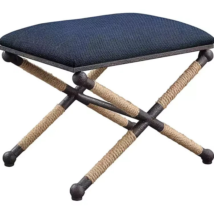 Benches & Ottomans-Kirklands Home Navy Seat and Black Metal Ottoman Blue