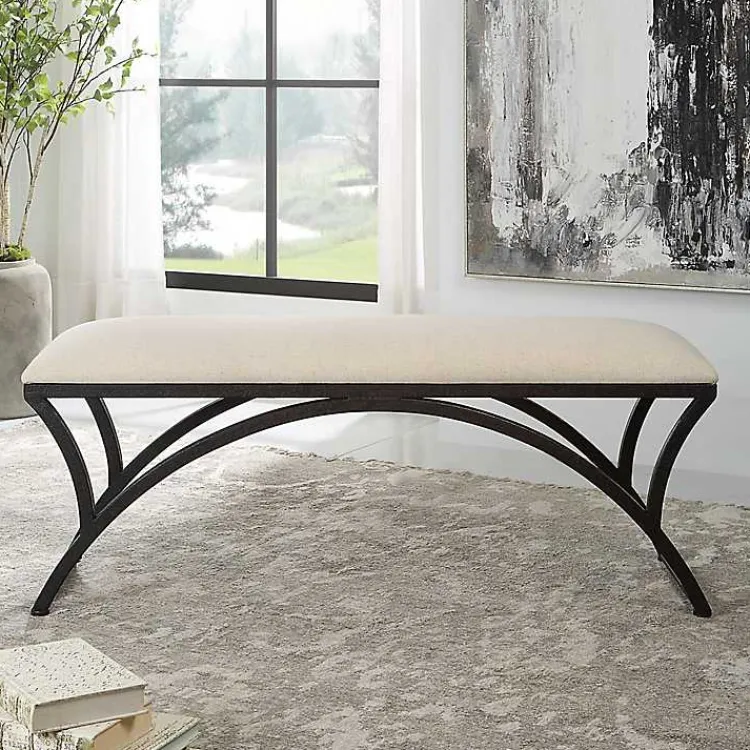 Benches & Ottomans-Kirklands Home Black Metal Arched Frame Upholstered Bench Ivory