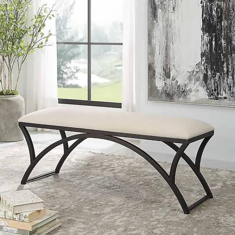 Benches & Ottomans-Kirklands Home Black Metal Arched Frame Upholstered Bench Ivory