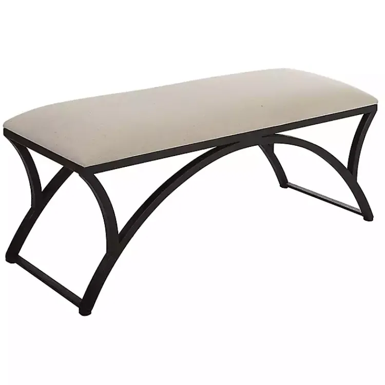 Benches & Ottomans-Kirklands Home Black Metal Arched Frame Upholstered Bench Ivory