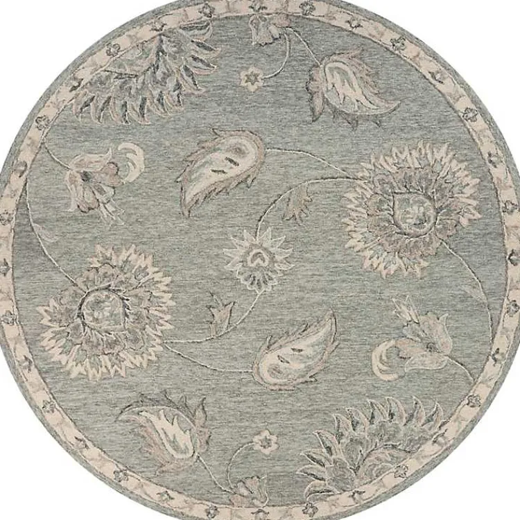 Area Rugs-Kirklands Home Round Gray and Botanical Area Rug, 4x4 Blue