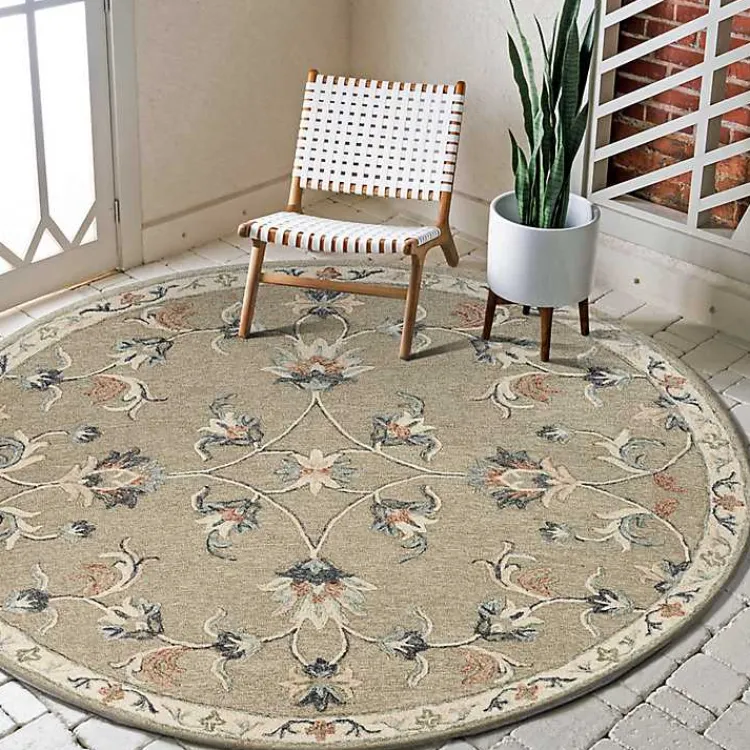 Area Rugs-Kirklands Home Round Traditional Floral Area Rug, 4x4 Gray