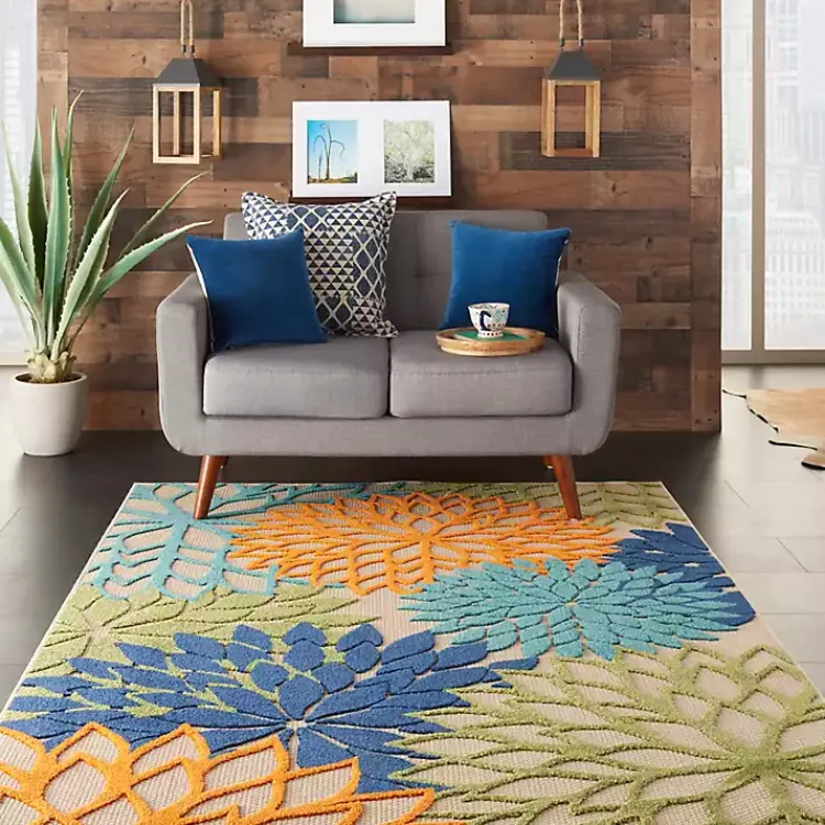 Outdoor Rugs-Kirklands Home Green and Blue Floral Burst Outdoor Area Rug, 6x9