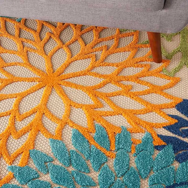 Outdoor Rugs-Kirklands Home Green and Blue Floral Burst Outdoor Area Rug, 6x9