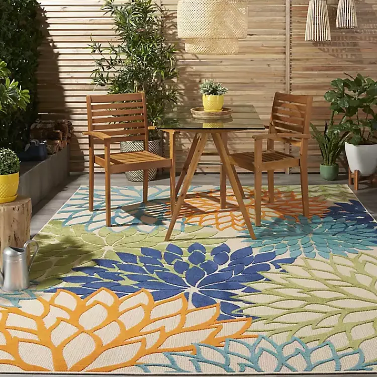 Outdoor Rugs-Kirklands Home Green and Blue Floral Burst Outdoor Area Rug, 6x9