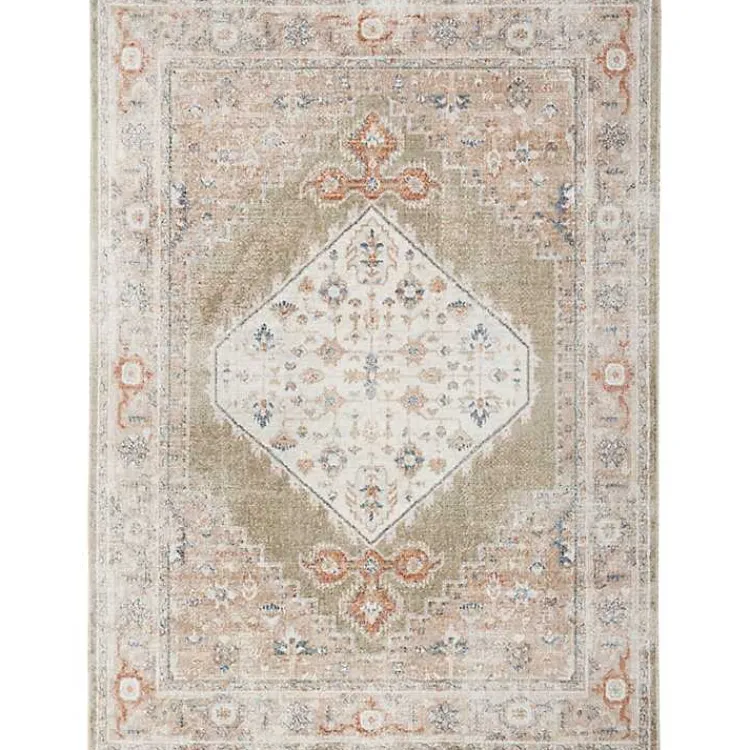 Area Rugs-Kirklands Home Sage Distressed Medallion Washable Area Rug, 5x7