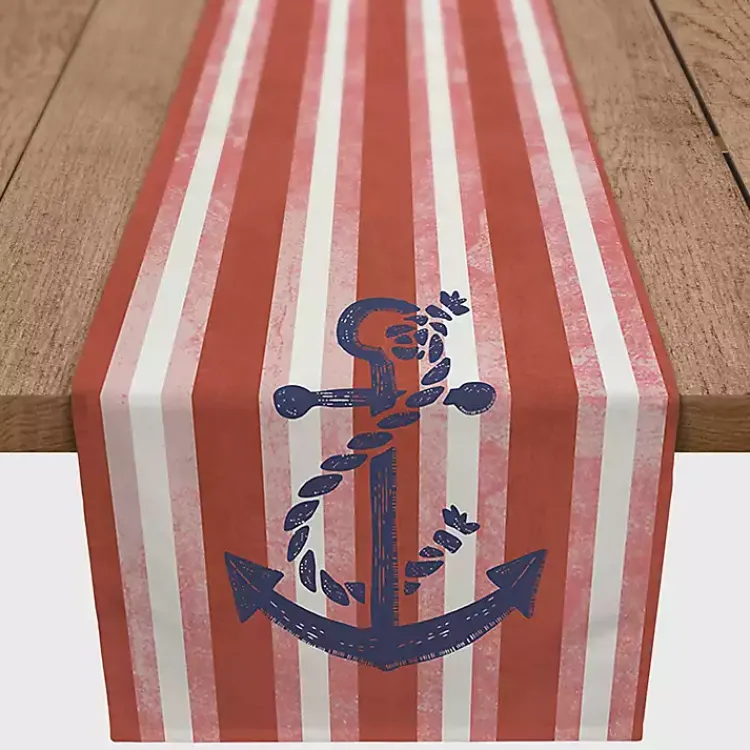 Table Linens-Kirklands Home Red Stripes and Anchor Table Runner, 90 in.