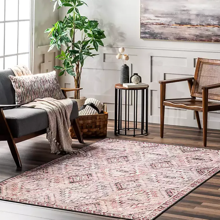 Area Rugs-Kirklands Home Cream & Red Diamond Trellis Washable Area Rug, 7x9