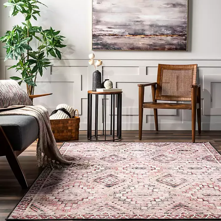 Area Rugs-Kirklands Home Cream & Red Diamond Trellis Washable Area Rug, 7x9