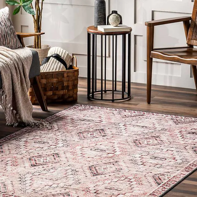 Area Rugs-Kirklands Home Cream & Red Diamond Trellis Washable Area Rug, 7x9