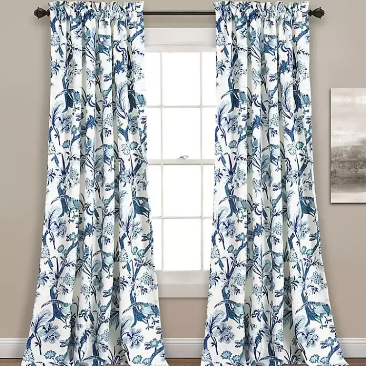 Curtains & Drapes-Kirklands Home Blue and White Dolores Curtain Panel Set, 95 in.