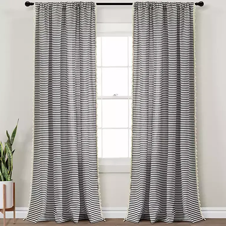 Curtains & Drapes-Kirklands Home Black Striped Tassel Curtain Panel Set, 84 in.