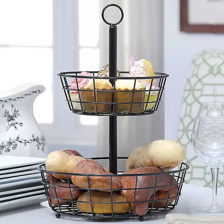 Kitchen Storage-Kirklands Home Steel Two-Tier Fruit Basket Black