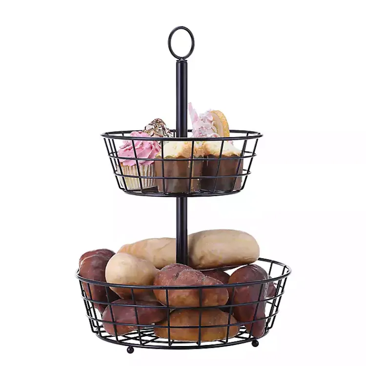 Kitchen Storage-Kirklands Home Steel Two-Tier Fruit Basket Black
