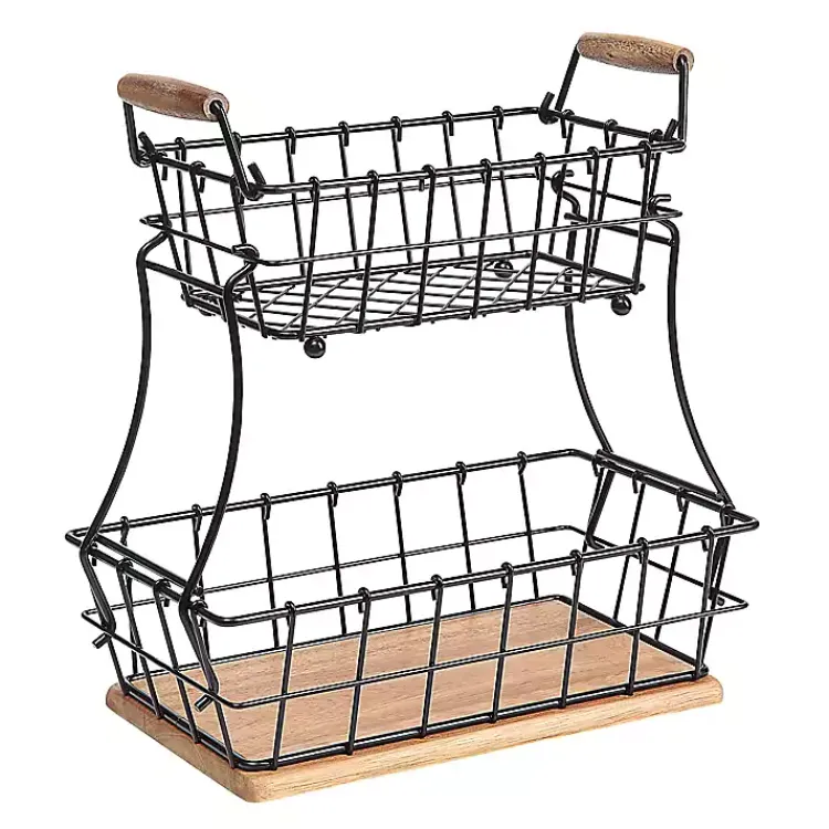 Kitchen Storage-Kirklands Home Black Metal and Wood Stackable Kitchen Baskets