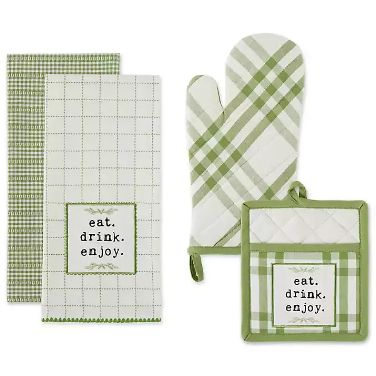 Kitchen Accessories-Kirklands Home Green Plaid Eat Drink Enjoy 4-pc. Dish Towel Set