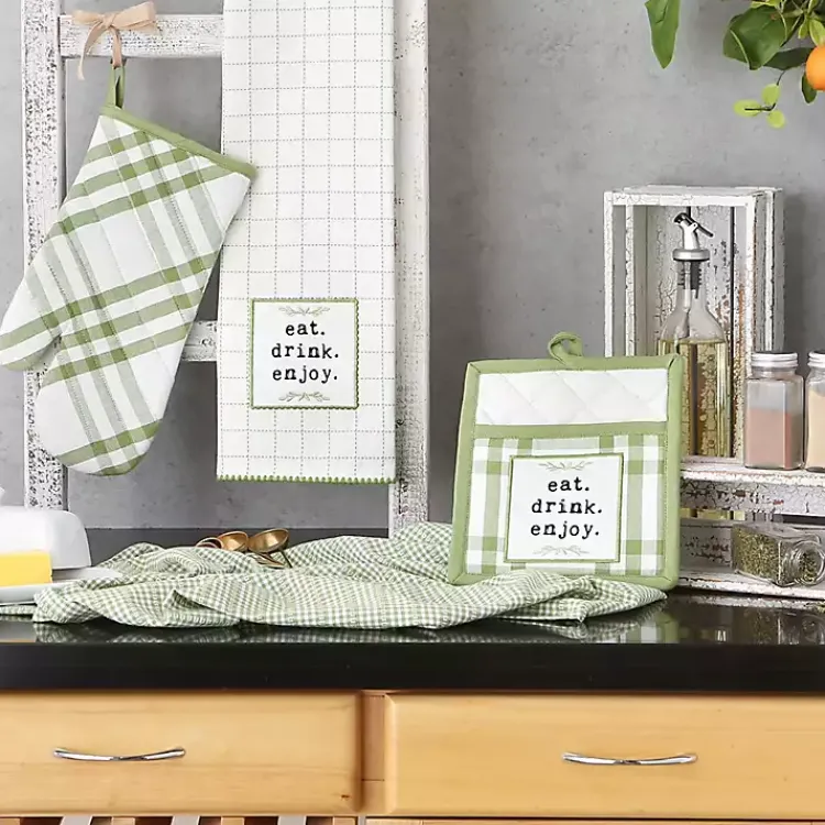 Kitchen Accessories-Kirklands Home Green Plaid Eat Drink Enjoy 4-pc. Dish Towel Set
