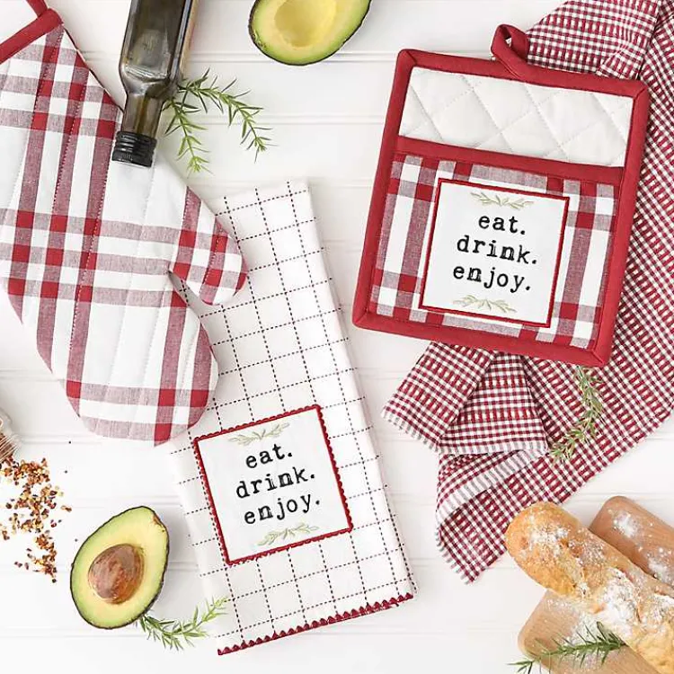 Kitchen Accessories-Kirklands Home Red Plaid Eat Drink Enjoy 4-pc. Dish Towel Set