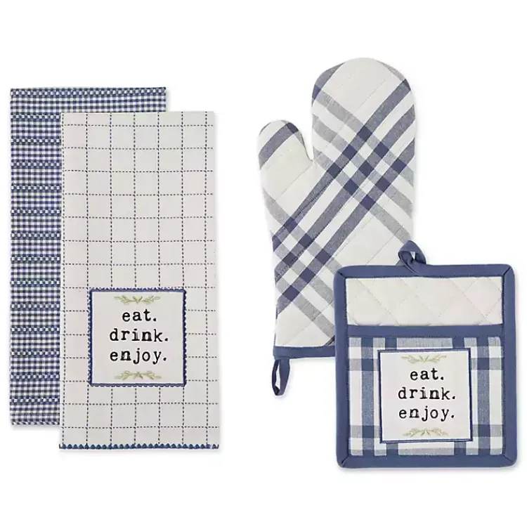 Kitchen Accessories-Kirklands Home Navy Plaid Eat Drink Enjoy 4-pc. Dish Towel Set