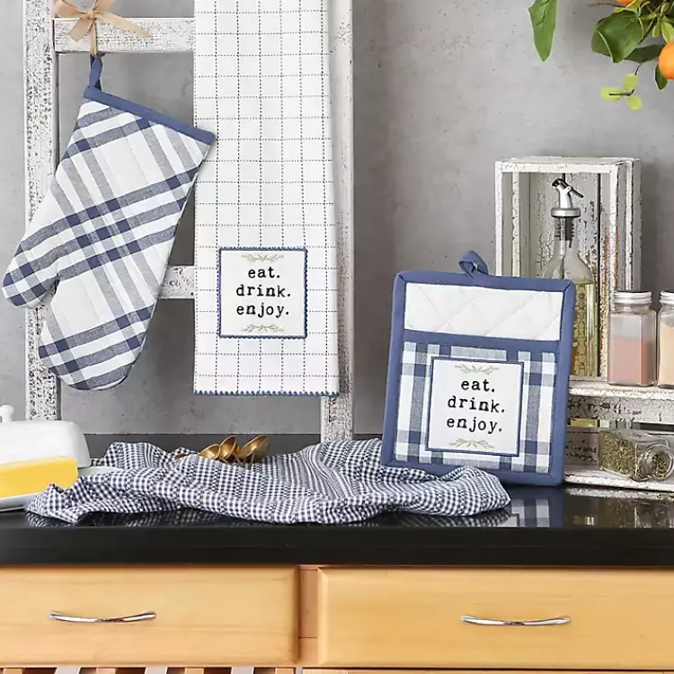 Kitchen Accessories-Kirklands Home Navy Plaid Eat Drink Enjoy 4-pc. Dish Towel Set